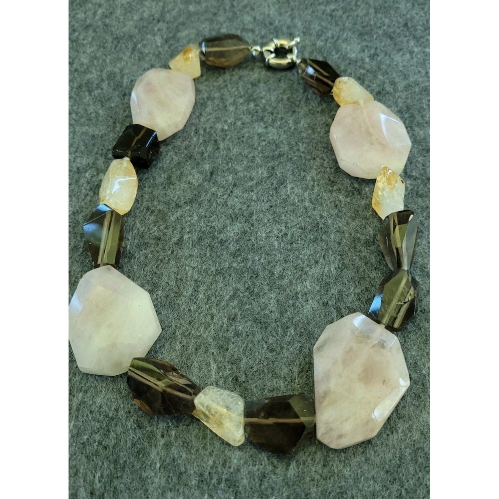 Rose Quartz Smoky Quartz Citrine Faceted Gemstone Necklace 16in 117g Chunky